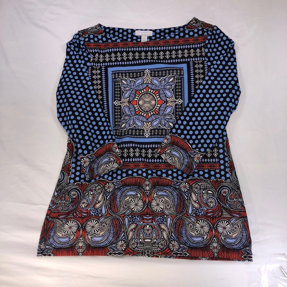 Charter Club Petite Women Blue Red Mixed Print Polka Dot Paisley Blouse PM